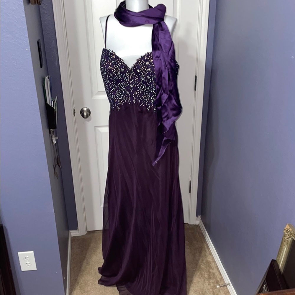 B’DAZZLE Purple Evening Gown with Beaded Bodice Chiffon And Satin w/Scarf